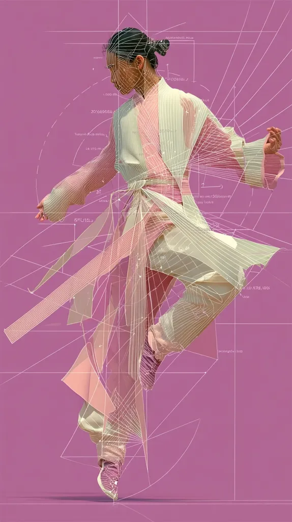 A stylized illustration depicts a person in a flowing, pastel-toned robe, seemingly mid-leap.  Geometric lines and numerical data overlay the figure, suggesting a digital design or blueprint. The overall aesthetic blends fashion and technology, with a vibrant purple background enhancing the ethereal feel. The image hints at the intersection of artistry and digital creation in contemporary fashion.