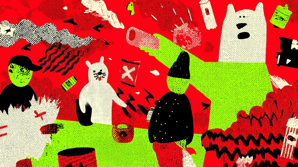 A vibrant, chaotic illustration features stylized characters against a red background.  A lime green bear-like figure dominates, while others—a rabbit, a hooded figure, and a person in a cap—are scattered amongst abstract shapes, graffiti-like elements, and cans. The style is bold, using contrasting colors and a halftone effect, creating a busy and energetic scene.  The overall mood is playful yet slightly aggressive.