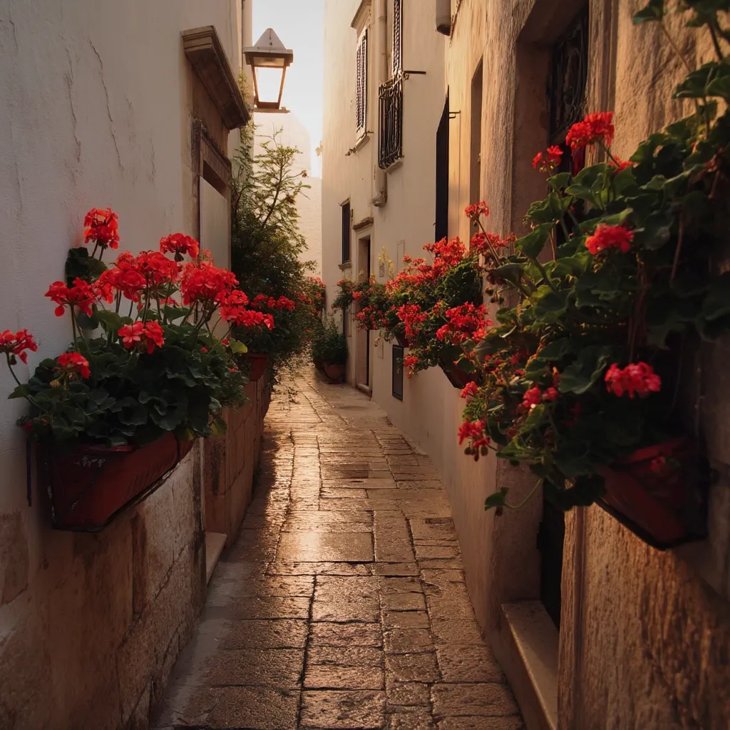 A narrow, sun-drenched alleyway in a quaint European town.  Whitewashed buildings line the path, their walls adorned with vibrant red geraniums spilling from window boxes.  The stone pavement gleams in the warm light, creating a picturesque and peaceful scene.  A single lamppost stands tall, casting a soft glow on the charming architecture.  The overall atmosphere is serene and inviting.