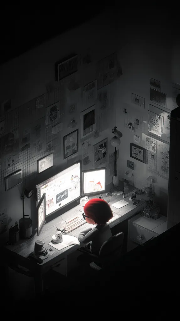 A person with bright red hair sits at a desk in a dimly lit room, working on multiple computer screens. The walls are covered in drawings and papers, suggesting an artist's workspace. The scene is rendered in grayscale, with the exception of the person's hair, creating a striking contrast. The overall mood is one of quiet concentration and creative energy.  The image is viewed from an elevated, slightly angled perspective.
