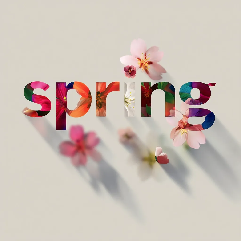 The word "spring" is displayed in bold, sans-serif font.  Vibrant, colorful flowers fill the letters, creating a visually striking effect.  Additional blossoms are scattered around the word, casting delicate shadows on a light beige background, suggesting a fresh, springtime aesthetic.  The image is clean and evokes a feeling of renewal and blossoming life.