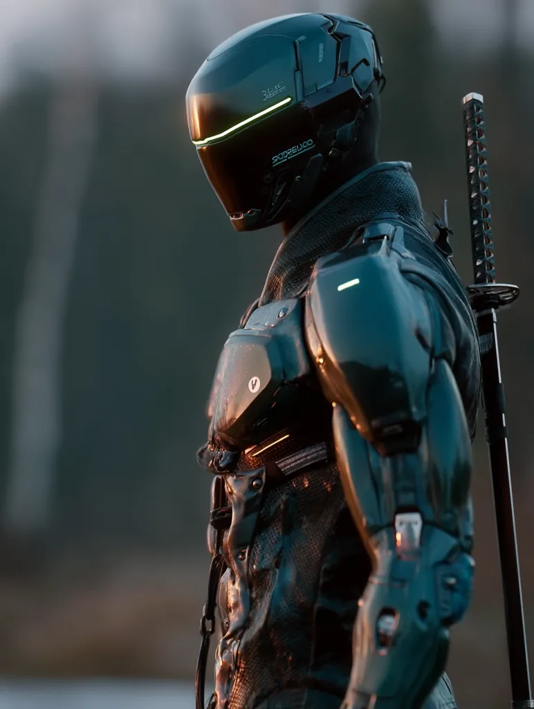 A futuristic ninja warrior stands silhouetted against a blurred background.  Clad in sleek, dark green armor, the figure is equipped with a high-tech helmet featuring glowing green accents and a katana strapped to their back. The armor's design is intricate, suggesting advanced technology and mobility. The overall aesthetic blends cyberpunk elements with traditional ninja imagery.  The scene evokes a sense of mystery and action.