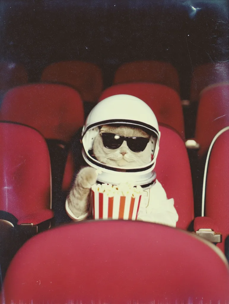 A grey cat, wearing an astronaut helmet and sunglasses, sits in a red movie theater seat.  It holds a bucket of popcorn, enjoying the film. The image has a vintage, slightly grainy aesthetic, giving it a nostalgic feel. The cat appears relaxed and content, enjoying its cinematic experience.