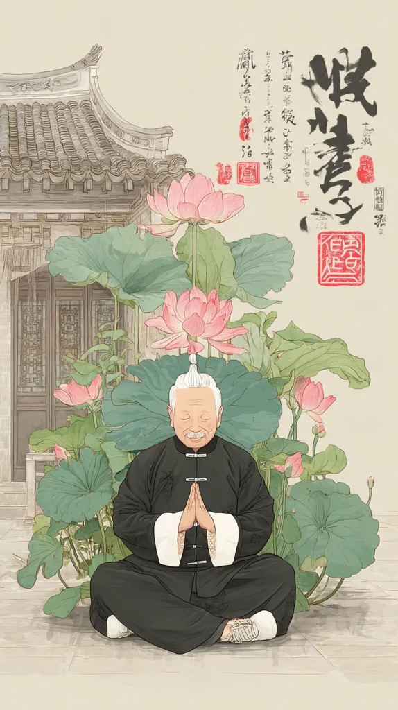 An elderly man, dressed in a traditional dark Chinese martial arts outfit, sits cross-legged in a serene meditative pose.  His hands are pressed together in prayer. He's surrounded by lush lotus plants in bloom, set against the backdrop of a tranquil, traditional Chinese-style building. The overall style is a delicate blend of painting and illustration, evoking peace and tranquility.  Calligraphy is visible in the background, adding to the artistic ambiance.