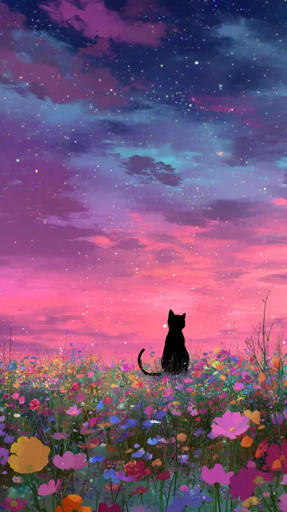 A black cat sits serenely amidst a vibrant field of wildflowers, silhouetted against a breathtaking twilight sky.  The sky is a captivating blend of pink, purple, and blue hues, dotted with countless stars. The scene is peaceful and dreamlike, evoking a sense of tranquility and wonder.
