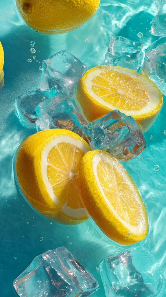 Slices of juicy lemons and ice cubes are submerged in refreshing turquoise water.  The vibrant yellow of the lemon contrasts beautifully with the cool blue, creating a summery, refreshing image.  Bubbles rise from the ice, suggesting a chilled beverage.  The scene is bright and evokes a feeling of coolness and thirst quenching.
