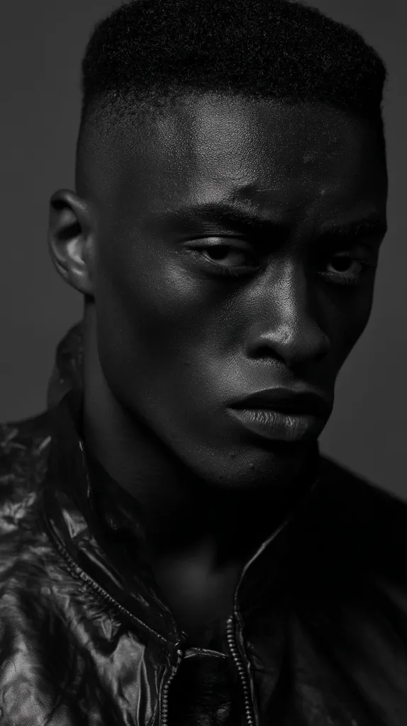 A black and white close-up portrait of a young Black man with a short, cropped hairstyle.  He's wearing a dark leather jacket, his expression serious and intense. The image is sharply focused on his face, highlighting his strong features and the texture of his skin and the jacket. The background is a plain, dark gray, drawing all attention to the subject.