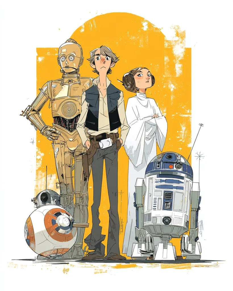A stylized illustration depicts Han Solo, Princess Leia, C-3PO, R2-D2, and BB-8 from Star Wars.  The characters are rendered in a simplified, almost cartoonish style against a vibrant yellow background with textured elements. The overall aesthetic is playful yet retains the iconic look of the Star Wars characters.