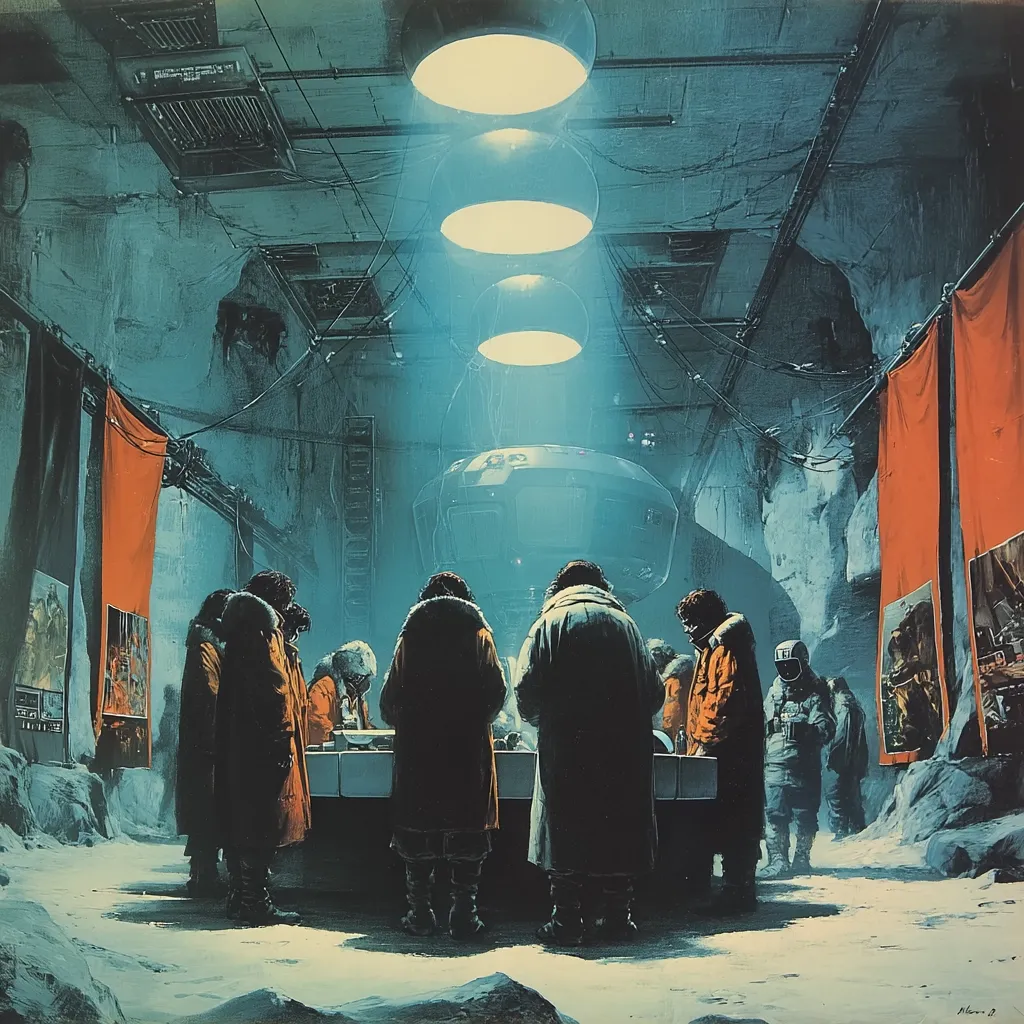 A group of figures in heavy coats stand around a futuristic console in a dimly lit, cavernous space.  Overhead lights illuminate the scene, casting a bluish glow.  The walls are rough and textured, suggesting a subterranean or icy environment.  Large, dark red banners hang on either side, displaying indistinct images. The overall atmosphere is one of mystery and cold, hinting at a science fiction or dystopian setting.