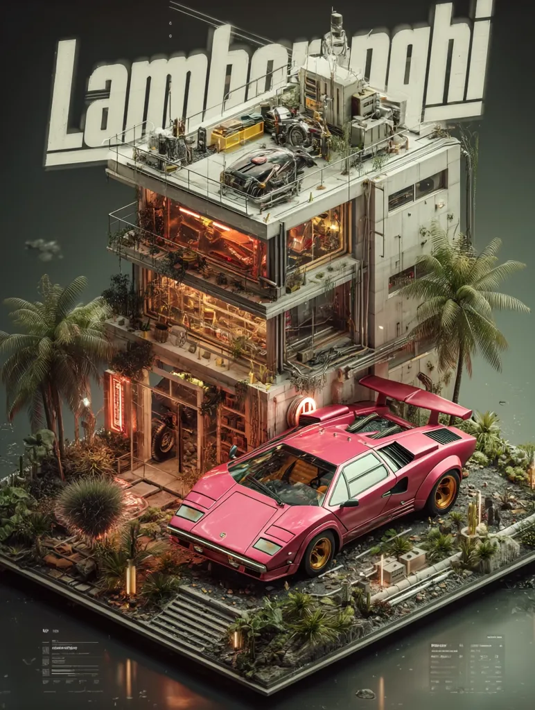 A digital illustration depicts a pink Lamborghini Countach parked in front of a multi-story garage.  The garage is a futuristic, overgrown structure with tropical plants and neon lighting.  Several other vehicles are visible on the roof. The scene is detailed and intricately designed, blending elements of cyberpunk and tropical settings, creating a unique and striking image.  The Lamborghini logo is prominently displayed.