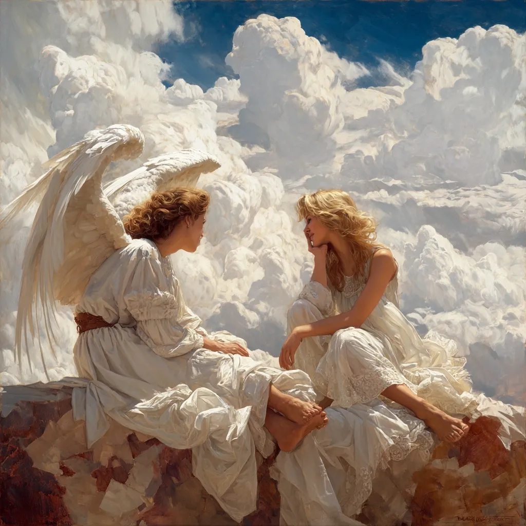 A serene painting depicts an angel and a woman, both in flowing white gowns, seated amidst fluffy clouds under a bright blue sky.  The angel, with large white wings, gazes at the woman who rests her chin on her hand, creating a peaceful and intimate scene.  The soft light and ethereal quality of the painting evoke a sense of tranquility and spiritual connection.  The overall style is romantic and highly detailed.