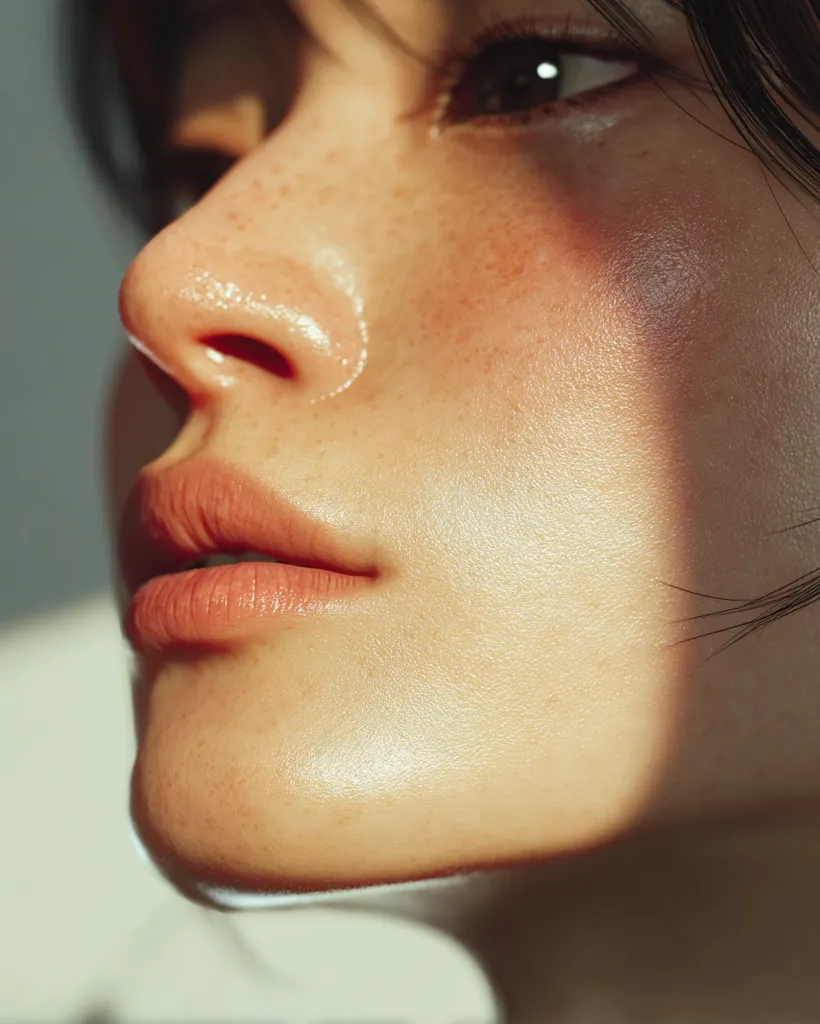 Close-up profile of a woman's face, illuminated by sunlight.  Her skin is smooth with freckles, and her lips are subtly colored.  The light casts a soft shadow across her cheek, highlighting her features. The overall impression is one of natural beauty and serenity.