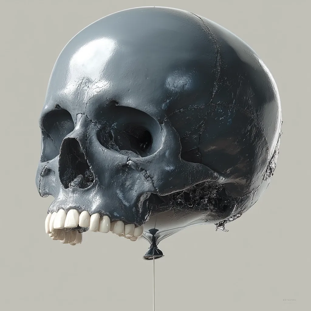 A highly detailed 3D rendering depicts a human skull as a dark gray balloon.  The skull is realistically textured, showcasing bone structure and teeth.  The balloon's deflation is subtly visible, creating a surreal and unsettling juxtaposition of life and death, fragility and solidity. The monochromatic color palette enhances the somber mood.