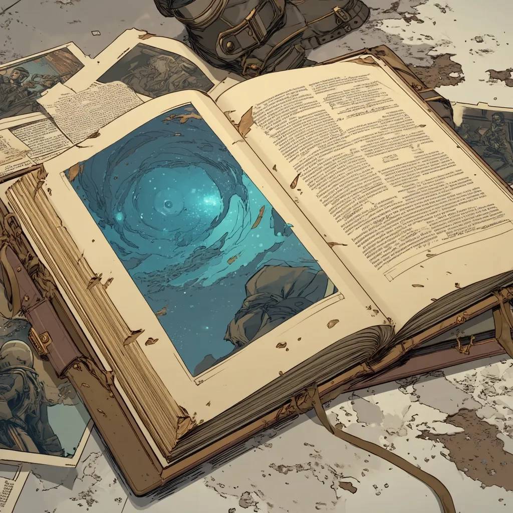 An open antique book lies on a weathered surface, surrounded by scattered papers and a piece of worn-out equipment.  The book's pages are aged and stained, with one page showcasing a vibrant illustration of a swirling nebula or cosmic vortex.  The surrounding documents suggest a historical or archival context, hinting at exploration, discovery, or perhaps a forgotten story. The overall mood is one of mystery and intrigue.