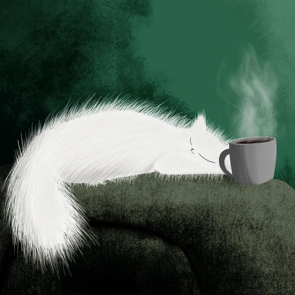 A fluffy white cat sleeps soundly on a dark green surface, its long tail extending to the left.  Beside the cat sits a steaming mug of coffee, suggesting a cozy and peaceful atmosphere. The background is a deep, textured green. The illustration is soft and whimsical, conveying a sense of calm and relaxation.