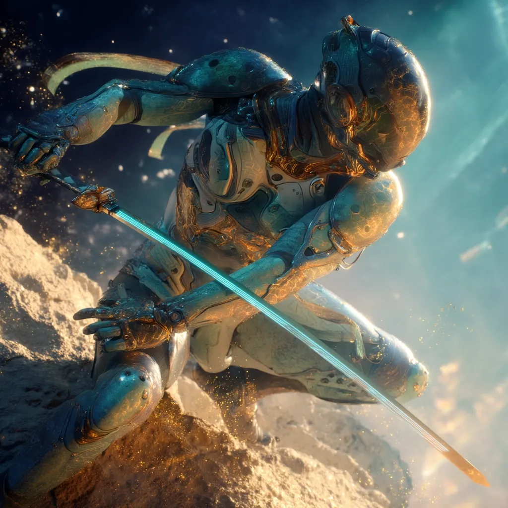 A futuristic warrior, clad in ornate teal and gold armor, crouches low to the ground.  They wield a luminous turquoise katana, its blade a striking contrast against the sandy terrain.  Dust and particles swirl around them, suggesting intense action. The backdrop is a nebula, emphasizing the otherworldly setting of this digitally rendered scene. The warrior's pose and weapon suggest readiness for battle or a recent engagement.