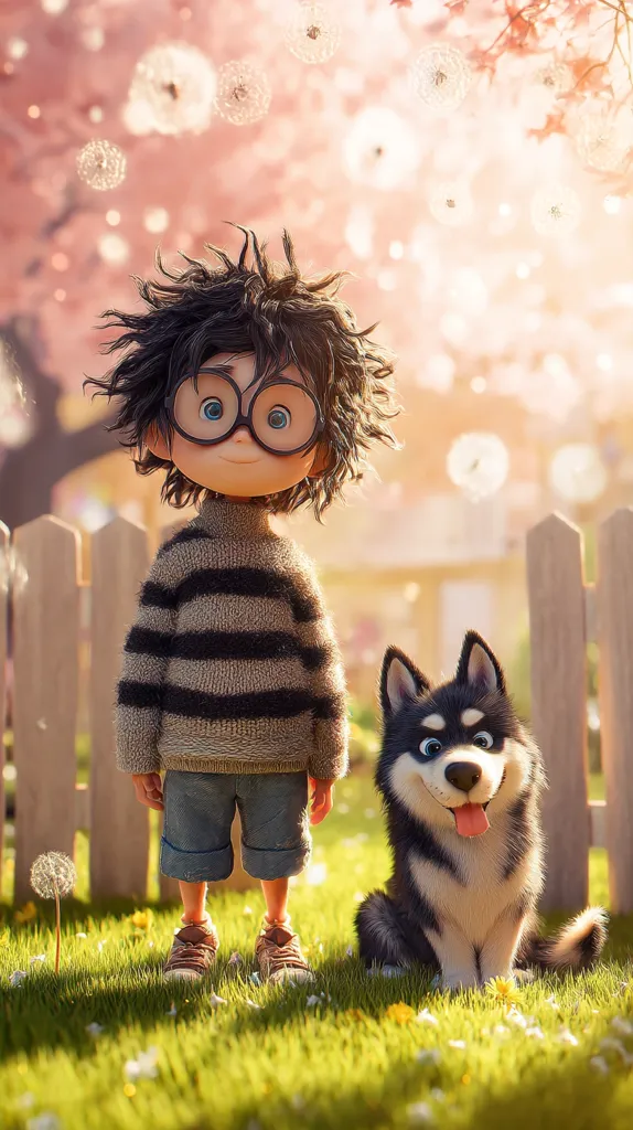 A charming 3D-rendered image depicts a boy with unruly dark hair and round glasses, wearing a striped sweater and shorts. He stands beside an adorable husky puppy in a sun-drenched garden, surrounded by a white picket fence and fluffy dandelion seeds floating in the air. The scene evokes a sense of warmth and childlike wonder.