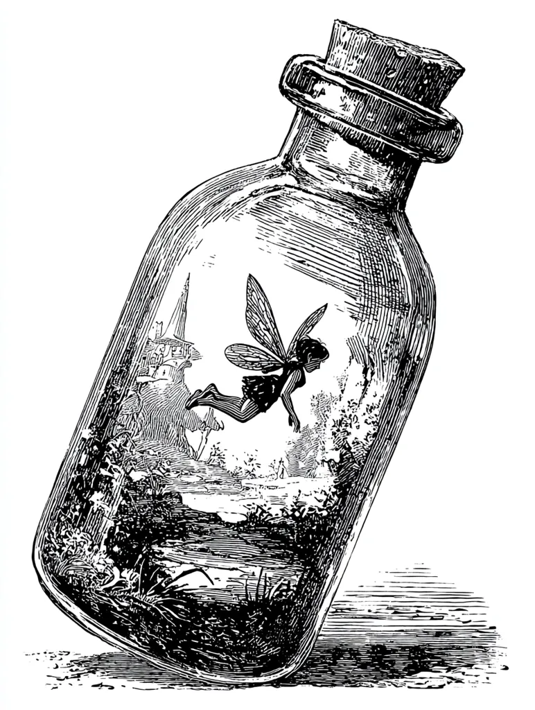 A black and white illustration depicts a glass bottle, corked and tilted, containing a fairy in flight.  The fairy, detailed with delicate wings and flowing dress, appears trapped within the bottle, which also shows a miniature landscape. The style is reminiscent of antique engravings or woodcuts, suggesting a whimsical and slightly melancholic fairy tale aesthetic.