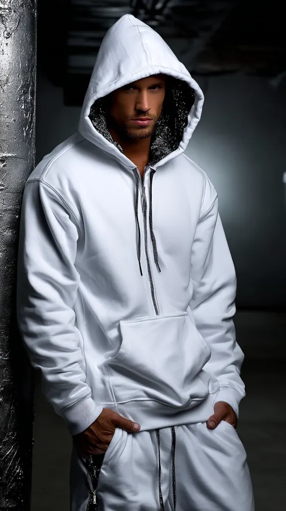 A young man with intense eyes stares directly at the camera. He's wearing a pristine white zip-up hoodie and matching sweatpants, the hood pulled up, partially obscuring his face.  The hoodie features a dark gray interior lining at the hood and a dark zipper.  He stands casually, hands in his pockets, against a dark, industrial-looking background. The overall impression is one of edgy, stylish minimalism.