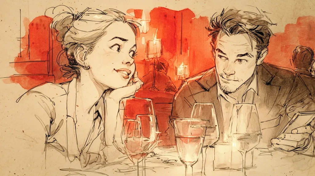 A romantic watercolor painting depicts a young couple on a date at a dimly lit restaurant.  The woman, with her hair pulled back, rests her chin on her hand, gazing at her companion. He sits across from her, appearing pensive, possibly looking at his phone.  Red wine glasses sit on the table between them, adding to the intimate atmosphere.  The background suggests a warm, cozy setting with other patrons subtly visible.  The artist's style is loose and expressive, capturing a fleeting moment of connection.