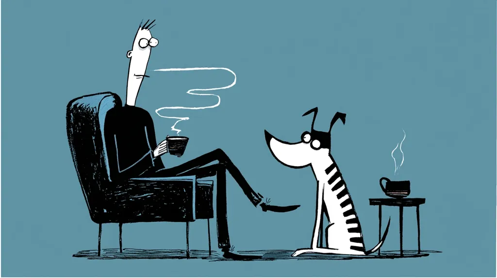 A stylized illustration depicts a man sitting in an armchair, enjoying a cup of coffee.  Beside him, a piano-keyed dog sits attentively, a small cup of coffee on a nearby side table. The scene is rendered in black and white with a muted teal background, exhibiting a minimalist, slightly surreal artistic style. The man's expression is pensive, suggesting a moment of quiet contemplation shared with his canine companion.