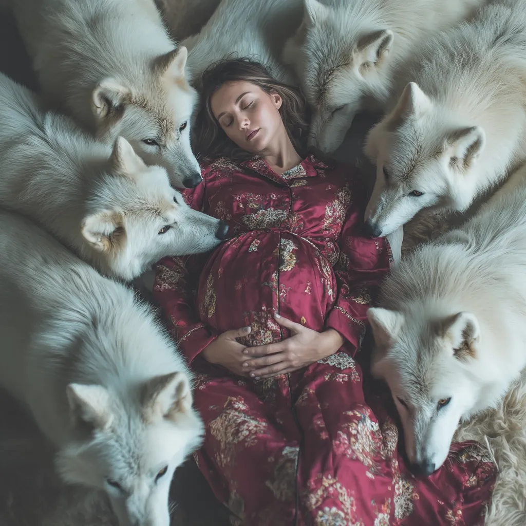 A pregnant woman lies peacefully surrounded by several Arctic wolves.  She wears a long, burgundy robe, her hands gently resting on her belly. The wolves are nestled closely, their white fur contrasting with the woman's dress. The scene evokes a sense of calm and protective intimacy between the woman and the animals. The overall mood is serene and ethereal.