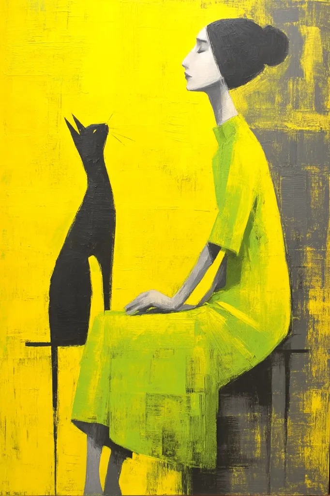 A stylized painting depicts a woman in a lime-green dress seated beside a black cat.  The woman's eyes are closed, suggesting serenity. The bold, contrasting colors of the yellow background and the woman's dress create a vibrant and striking visual. The artist employs a loose brushstroke technique, resulting in a textured and expressive surface.  The overall mood is one of quiet contemplation and companionship.