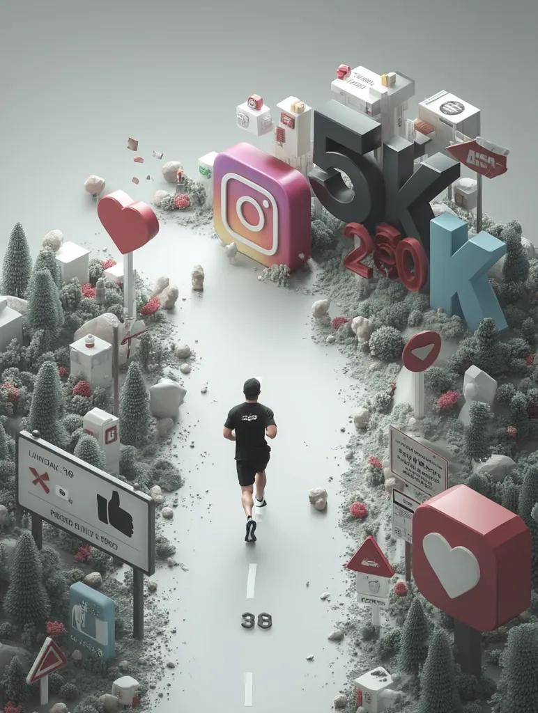 A man jogs down a path flanked by miniature landscapes representing social media milestones.  Large 3D numerals "5k" and "250k" mark the progress, alongside Instagram and heart icons.  Miniature signs and symbols further emphasize the digital journey. The scene is surreal and artistic, merging a physical act with virtual achievements. The overall tone is light and aspirational.