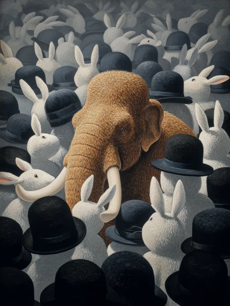 A woolly mammoth stands amidst a crowd of rabbits wearing bowler hats.  The rabbits are predominantly white, their fur meticulously detailed, contrasting with the mammoth's textured, brownish-gold coat. The scene is surreal, the mammoth's presence imposing yet somehow fitting within the unusual gathering.  The dark hats create a uniform backdrop for the lighter animals, highlighting the mammoth as the central figure. The overall style suggests a meticulously painted artwork with a strong focus on texture and detail.