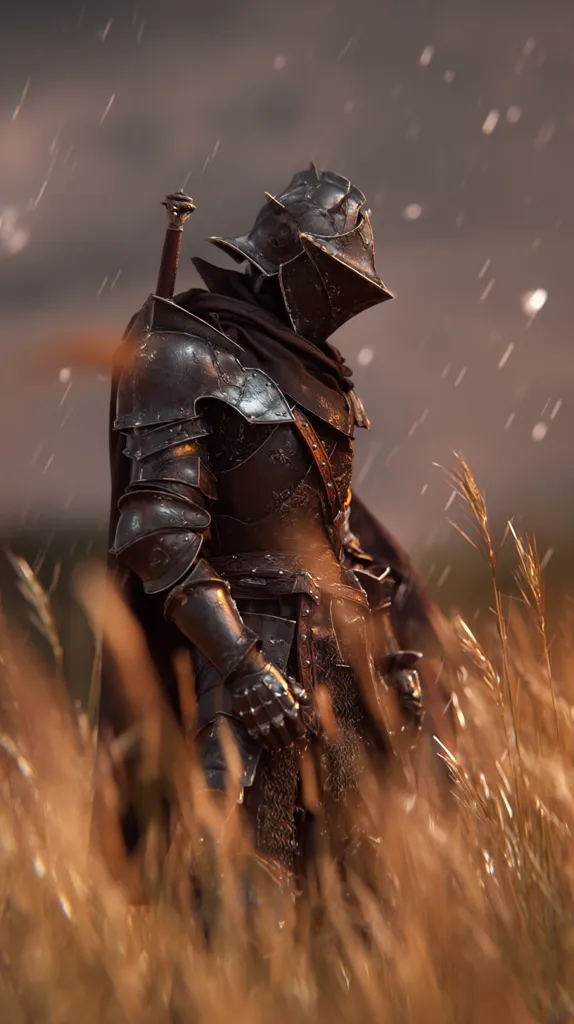 A lone knight, clad in dark, intricately detailed armor, stands amidst tall, golden grass.  Rain falls softly around him, casting a melancholic mood.  His sword is sheathed at his side, and his posture suggests weariness or contemplation. The setting sun casts a warm glow on the scene, creating a dramatic and atmospheric image.