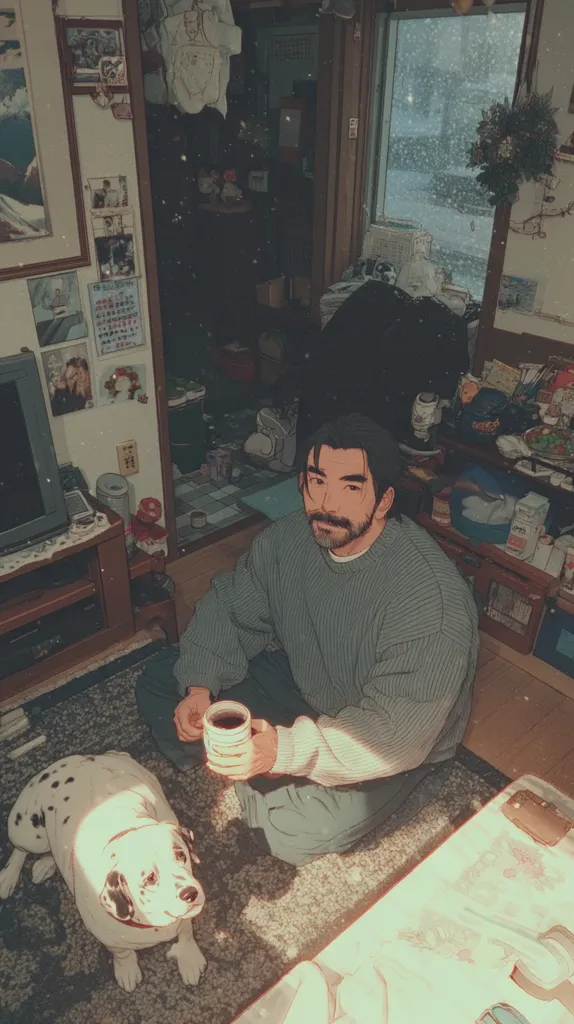 A man with a beard sits on a rug in a cozy, cluttered room, holding a mug.  Sunlight streams in, illuminating him and his Dalmatian dog lying beside him. The room is filled with personal items, photos, and plants, creating a warm, lived-in atmosphere.  Snow falls outside the window, adding to the peaceful, winter scene.  The overall style is reminiscent of a nostalgic illustration or painting.