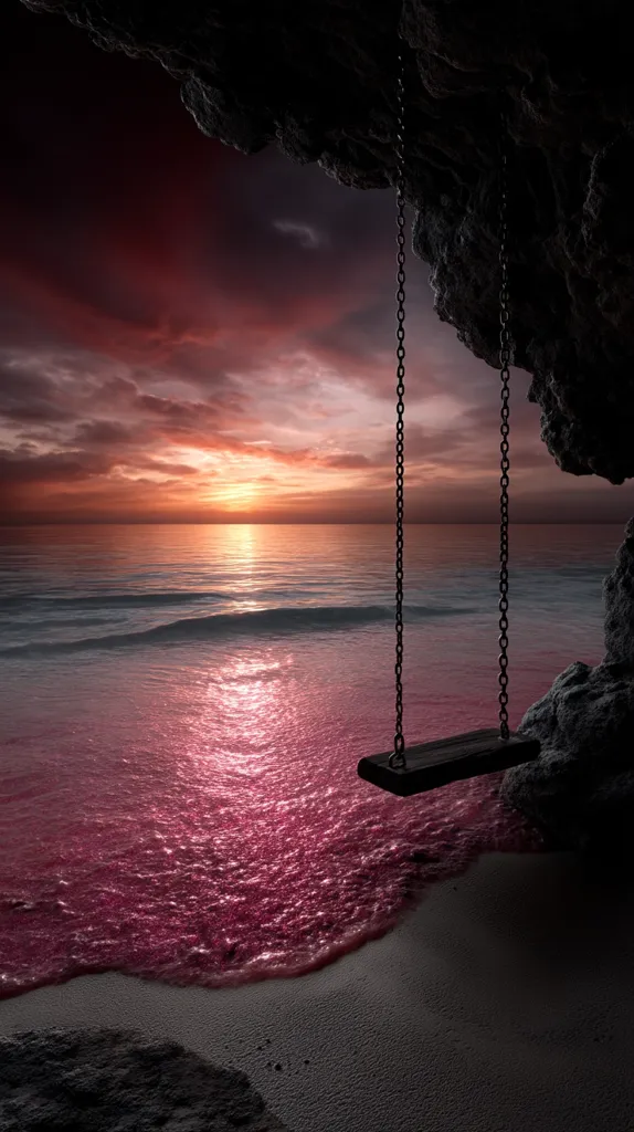 A lone swing hangs from a dark cave overlooking a serene beach at sunset. The ocean's waves gently lap the shore, their surface shimmering with a vibrant pink hue reflecting the fiery sky. The scene evokes a sense of peace and solitude, a perfect spot for quiet contemplation.  The contrast between the dark cave and the bright sunset creates a dramatic and captivating image.
