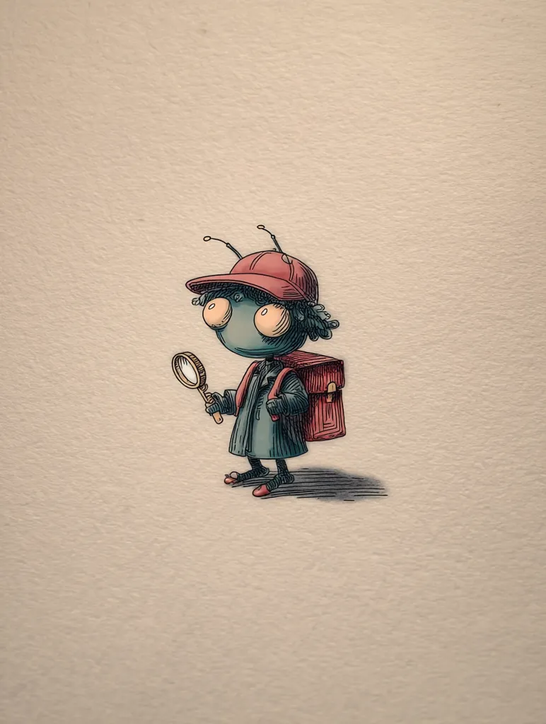 An illustration of a whimsical, bug-like creature dressed as a detective.  It wears a red cap, a teal coat, and carries a magnifying glass and a small satchel.  The character has large, expressive eyes and antennae. The style is reminiscent of children's book illustration, with detailed line work and muted colors. The background is a simple, off-white.