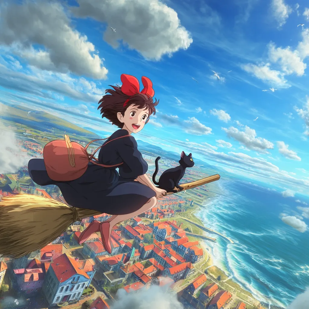 A young witch with a red bow in her hair joyfully flies on a broomstick above a coastal town.  Her black cat sits beside her.  The vibrant artwork showcases a cheerful sky and a charming cityscape stretching to the ocean.  The overall aesthetic is whimsical and enchanting, reminiscent of classic animation styles.