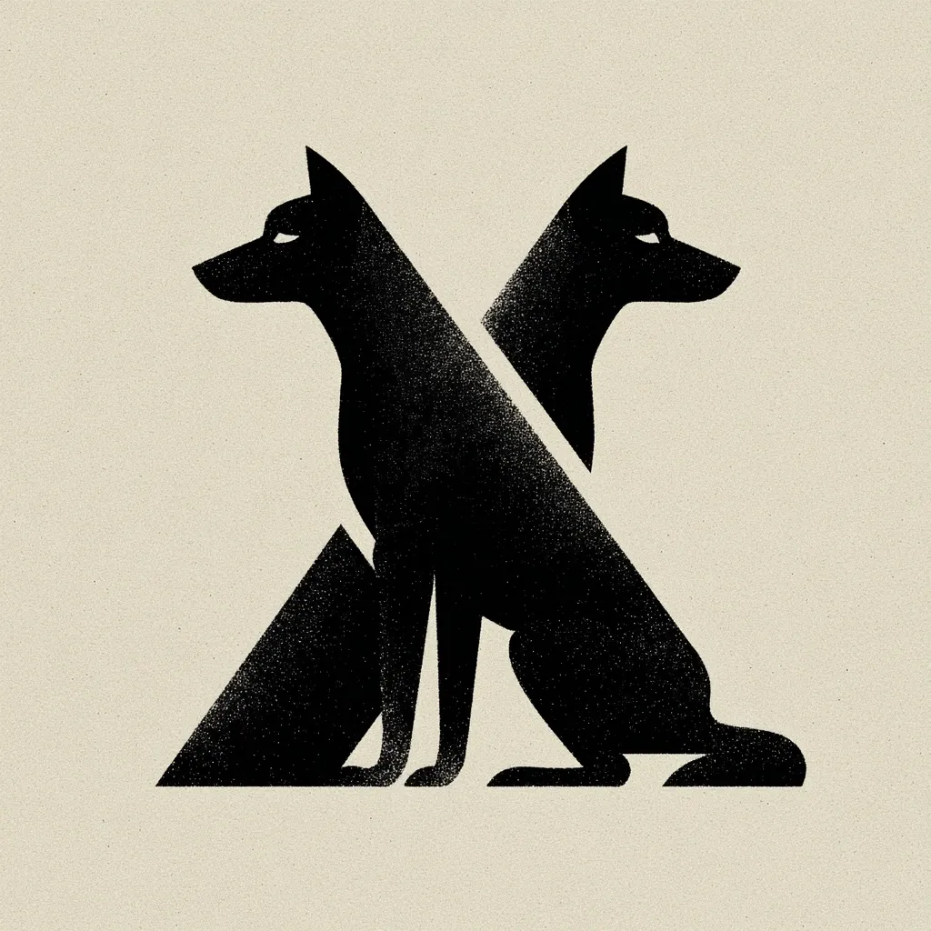 A minimalist graphic design features two stylized black silhouettes of dogs facing opposite directions.  Their bodies are bisected, creating an overlapping "X" shape.  The dogs are seated and rendered with a textured, slightly grainy effect, giving a vintage or print-like quality against the off-white background.  The overall impression is one of symmetry and balance, with a touch of artistic grit.