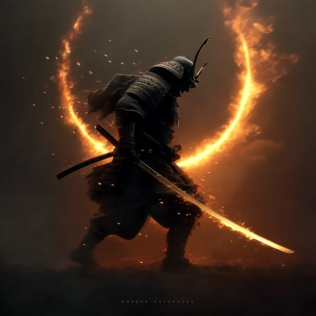 A silhouetted samurai, clad in traditional armor, strides forward, his katana ablaze with fiery energy.  A ring of fire arcs behind him, enhancing the dramatic intensity of the scene.  The dark background and contrasting fiery elements create a powerful and visually striking image, suggestive of both strength and mystical power.