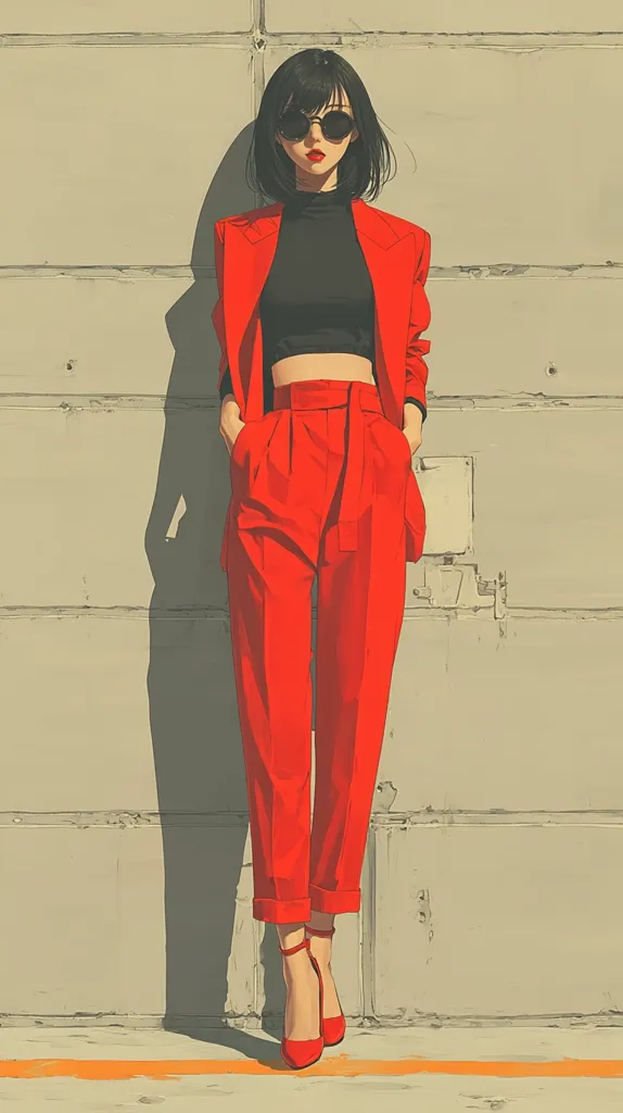 A stylish anime-styled woman with short black hair and sunglasses stands against a light beige wall. She's dressed in a vibrant red pantsuit, a black crop top, and red high-heeled shoes.  Her pose is confident and relaxed, hands in pockets.  The image has a minimalist aesthetic, with strong contrasts between the woman's red outfit and the muted background.  Sunlight casts a shadow to her left.