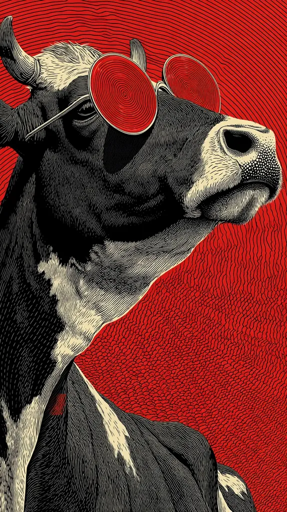 A detailed, stylized illustration of a cow's head and shoulders. The cow is depicted in black and white, with intricate linework showcasing its texture.  Large, circular, red sunglasses cover its eyes, creating a striking contrast against the monochromatic cow and vibrant red background. The background features a textured, radiating pattern, adding depth to the image.  The overall style is reminiscent of vintage woodcuts or engravings.