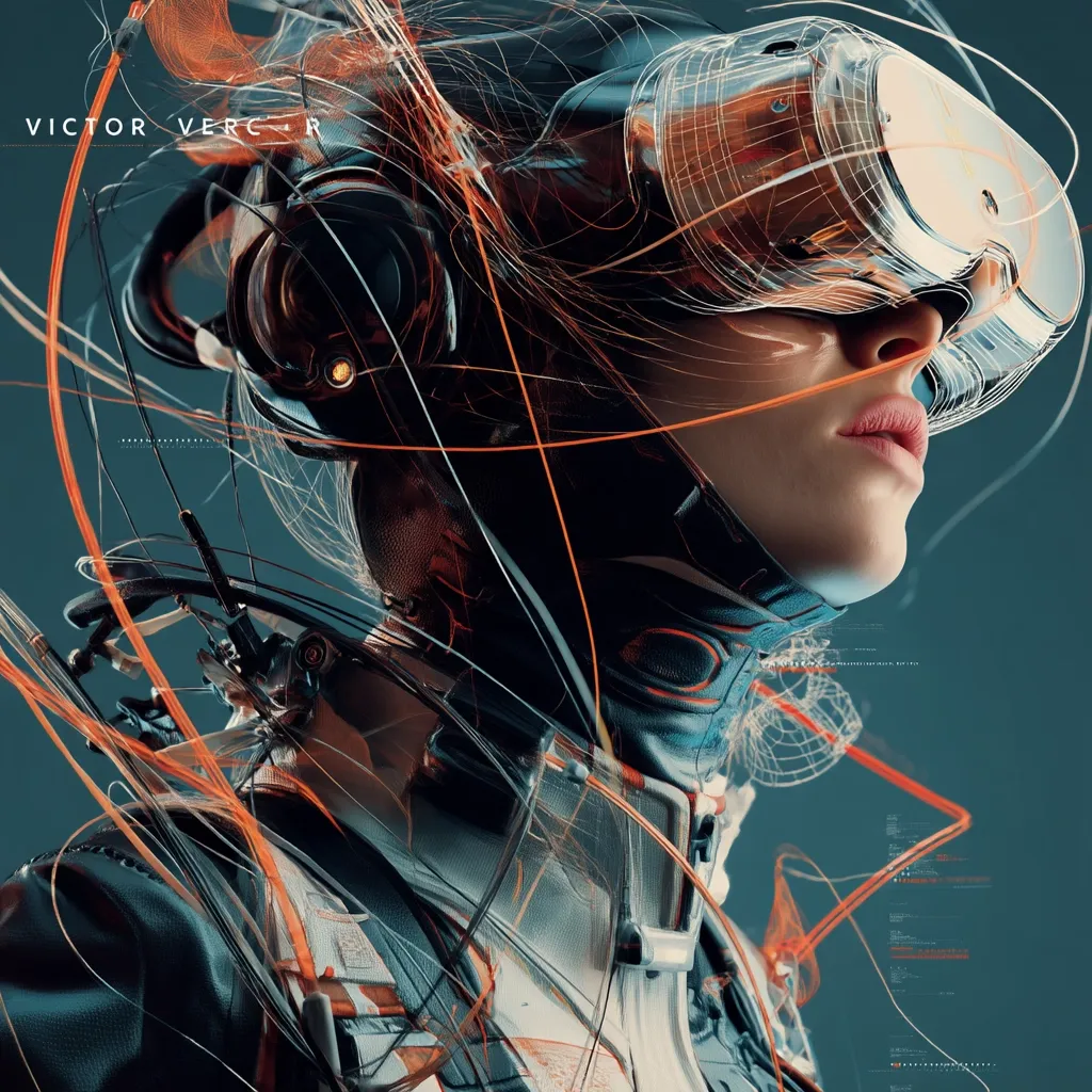 A stylized digital portrait of a woman wearing a futuristic VR headset and intricate, interconnected suit.  Orange energy trails weave around her, suggesting movement and connection to a digital network. The artwork is detailed and blends realistic rendering with abstract elements, creating a cyberpunk aesthetic.  The artist's name, Victor Verc, is subtly placed in the upper left corner.