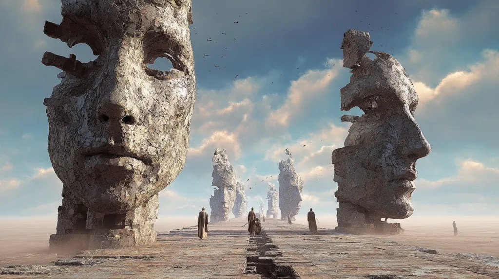 A desolate, expansive landscape features colossal, fragmented stone faces, resembling weathered monuments.  Several figures in long robes walk along a cracked path leading between these imposing structures towards a vanishing point in the hazy distance.  The sky is partly cloudy, with a few birds in flight, adding to the surreal and somewhat melancholic atmosphere.  The scene evokes feelings of isolation and the passage of time.