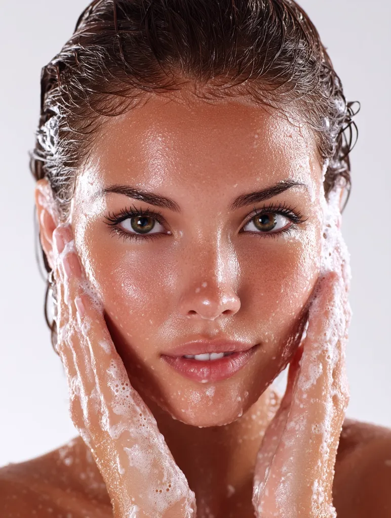 A close-up shot of a young woman with wet, dark hair washing her face.  Her skin is glistening with water and cleanser, creating a dewy complexion.  She gently cups her face with both hands, covered in rich lather. The focus is on her radiant, clean skin and the process of cleansing.