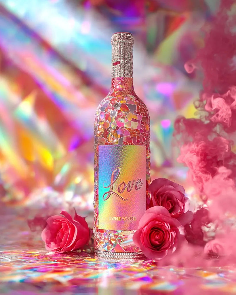 A bottle of rosé wine, adorned with iridescent mosaic tiles and a rhinestone-encrusted neck, is the centerpiece.  The label simply says "Love" in elegant script. Pink roses surround the base, adding to the romantic ambiance.  The background features a shimmering, rainbow-hued backdrop and pink smoke, creating a vibrant and dreamy aesthetic.