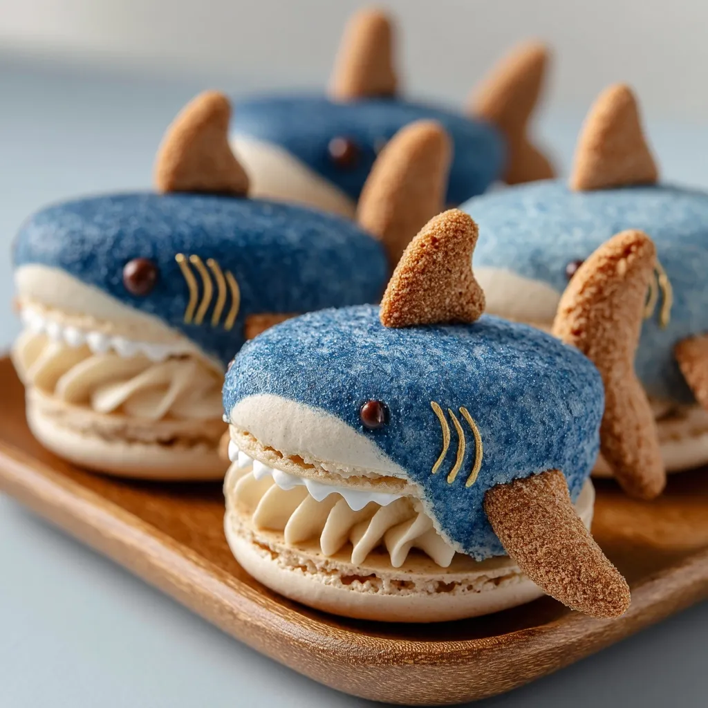 Adorable shark-shaped macarons are arranged on a wooden tray.  The blue-colored cookies are meticulously decorated with edible details, including fins and eyes, and filled with a light-colored cream.  They're presented in a visually appealing way, showcasing the artistry of the confectionery.