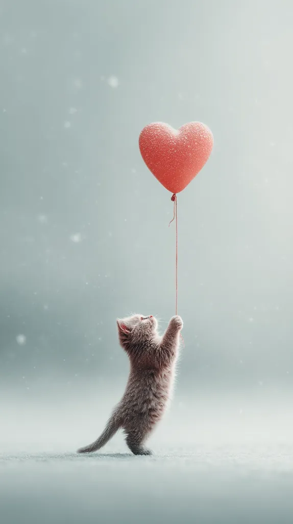 A cute gray kitten stands on its hind legs in a snowy landscape, reaching up towards a heart-shaped balloon.  The balloon is a pale coral color and appears dusted with snow.  The scene is serene and evokes feelings of love and winter charm.  The overall aesthetic is soft and whimsical.