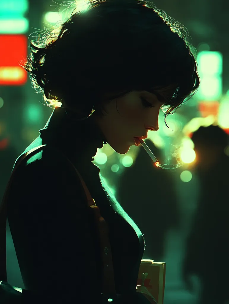 A young woman with short, dark hair stands in a dimly lit city street at night.  She's dressed in dark clothing and holds a lit cigarette, her face partially obscured by shadow.  The background is blurred, showing colorful city lights and indistinct figures.  The overall mood is melancholic and atmospheric.