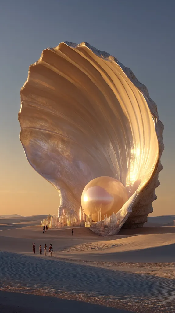 A giant, iridescent seashell rests in a desert landscape, cradling a massive, golden pearl within its interior.  A miniature city is nestled inside the pearl, dwarfed by the immense shell.  Small figures, seemingly humans, are scattered across the sand, dwarfed by the surreal, otherworldly scene. The setting sun casts a warm, golden light across the scene, enhancing the mystical atmosphere.