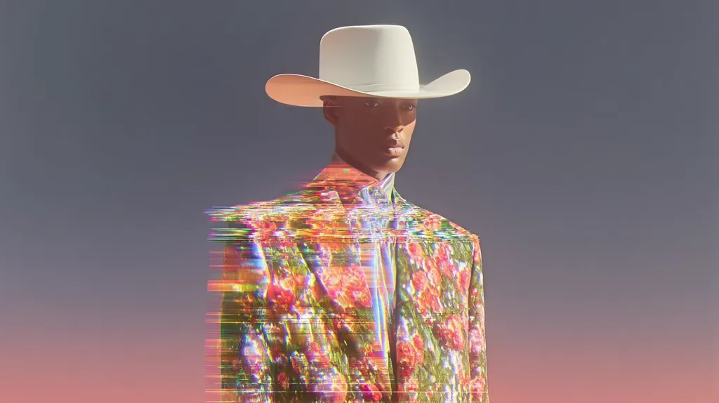 A stylized portrait of a person wearing a white cowboy hat and a vibrant floral blazer. The image is digitally manipulated, creating a glitch effect on the jacket, with streaks of color and distortion. The background is a gradient of muted purple transitioning to a soft pink. The model's expression is serious and their gaze is directed forward. The overall aesthetic is a blend of classic Western attire with a futuristic, digital twist.