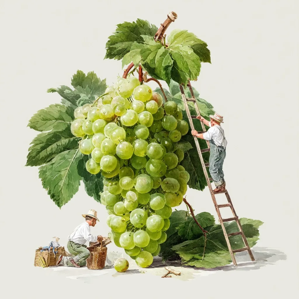 A watercolor painting depicts a massive cluster of green grapes hanging from a vine. Two farmers, wearing straw hats and overalls, are harvesting the grapes. One farmer uses a ladder to reach the upper portion of the cluster, while the other gathers the grapes into baskets at the base.  The scene is rendered in a realistic style with attention to detail in the grapes, leaves, and the farmers' attire. The overall mood is peaceful and idyllic, conveying the bounty of the harvest.