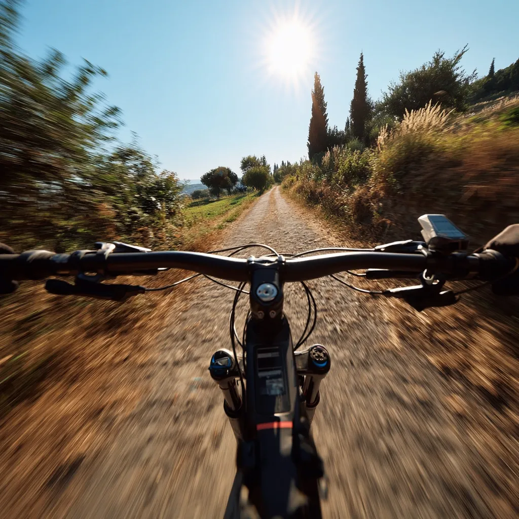 A first-person view of mountain biking down a sun-drenched dirt road.  The path winds through a picturesque landscape of rolling hills, sparse trees, and vibrant green fields.  The motion blur emphasizes the speed of the ride, creating a sense of adventure and freedom. The bright sun adds to the overall feeling of a warm, idyllic day.