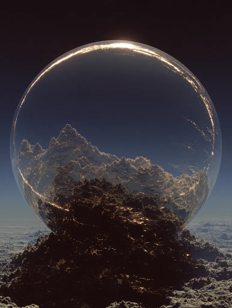 A massive, transparent sphere encases a dark, mountainous landscape speckled with golden lights, possibly representing a city.  The sphere's edge glows with a bright, ethereal light, suggesting a sunrise or sunset.  The scene is set against a backdrop of dark space and a layer of fluffy clouds below, creating a surreal and otherworldly atmosphere.